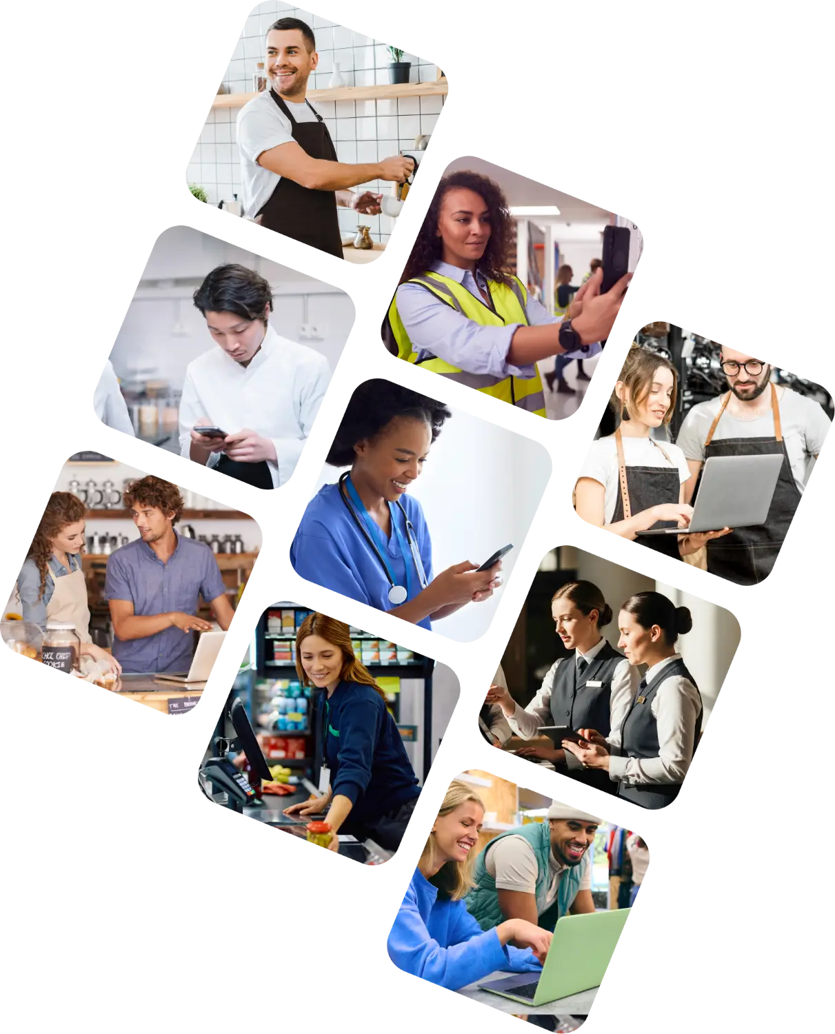 Mosaïque de professionnels dans différents secteurs utilisant Shyfter pour la gestion du personnel