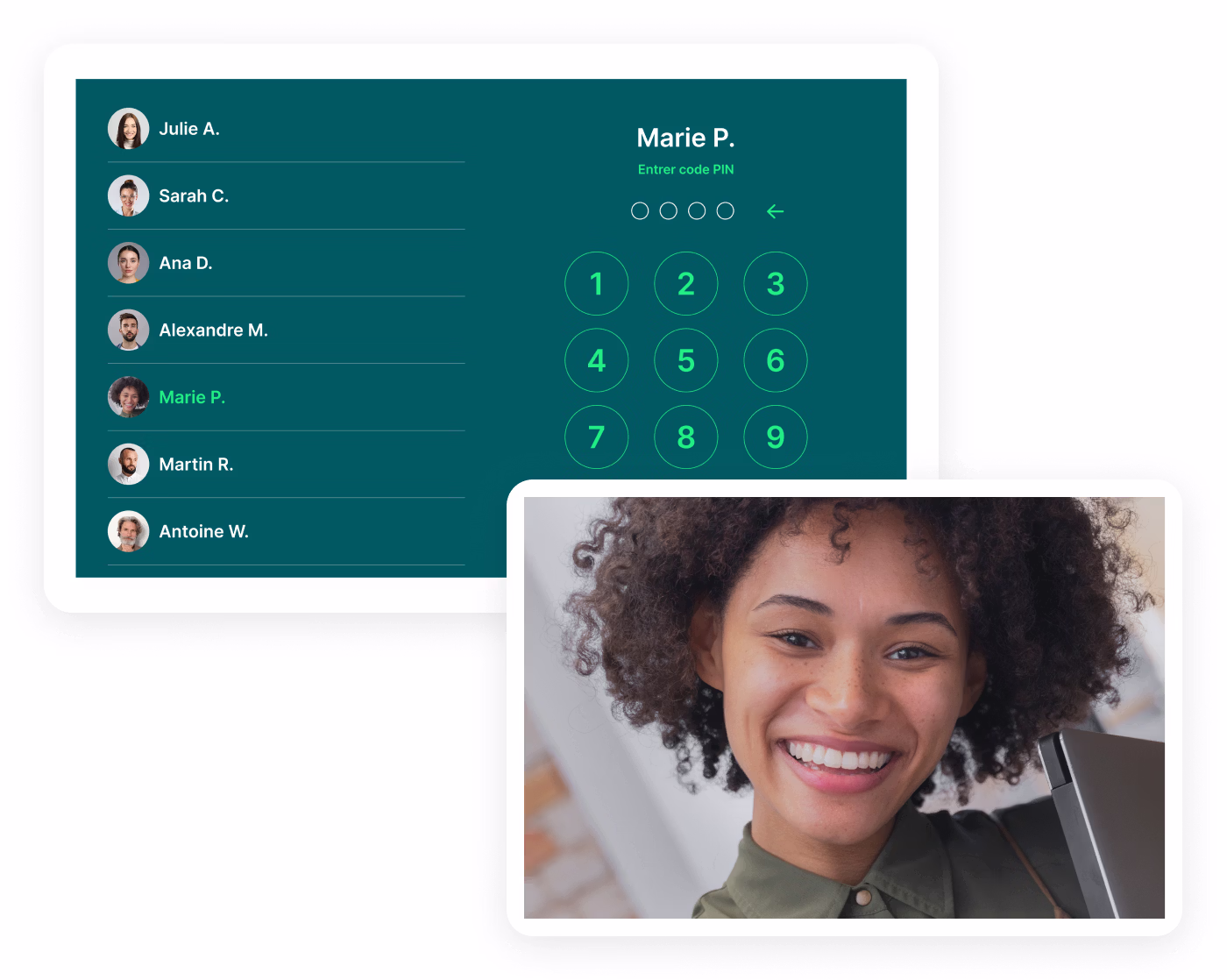 Écran de pointage par badge NFC sur la badgeuse Shyfter