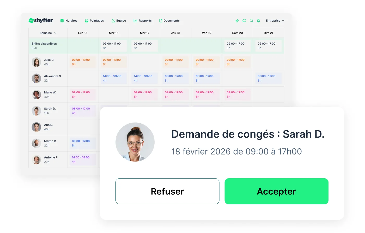 Calendrier des absences et congés dans Shyfter