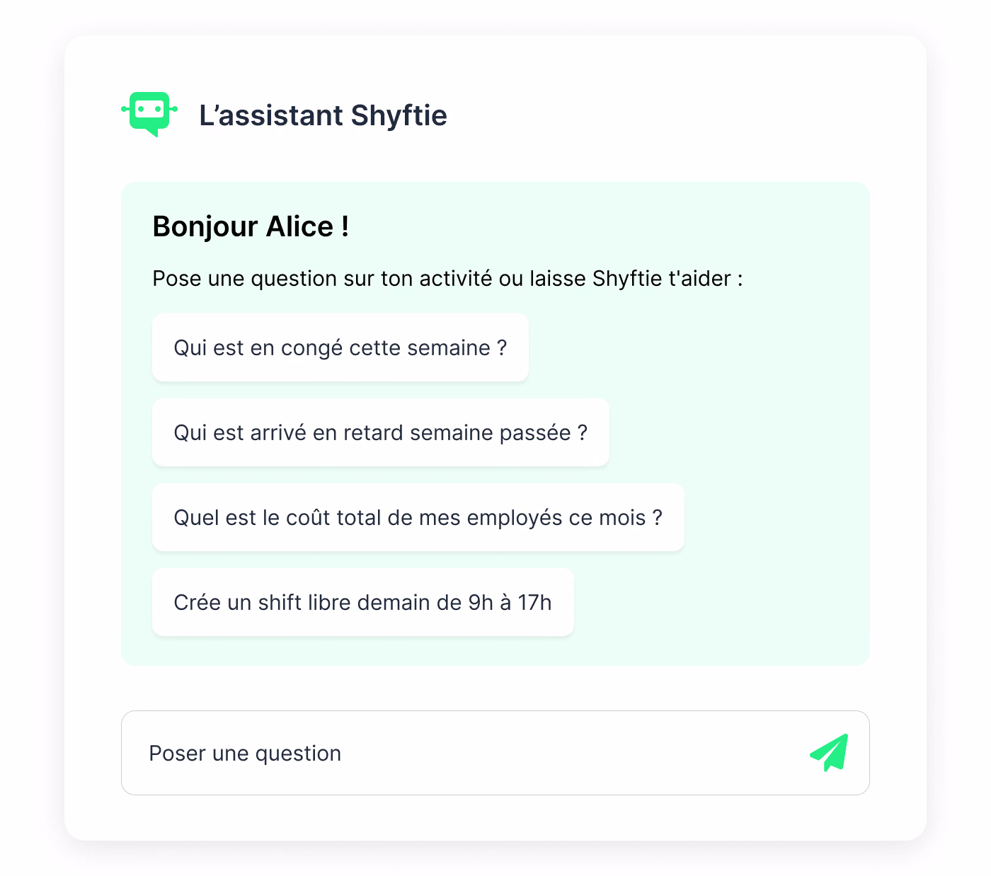 Conversation avec l'assistant IA Shyftie dans Shyfter