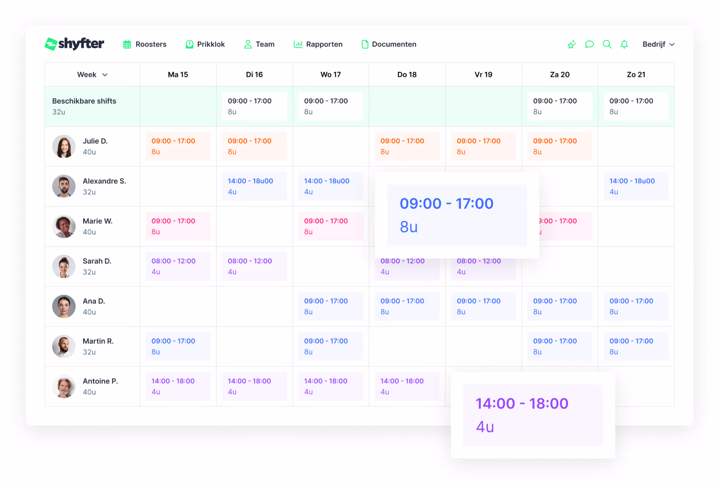 Weekplanning van medewerkers in Shyfter