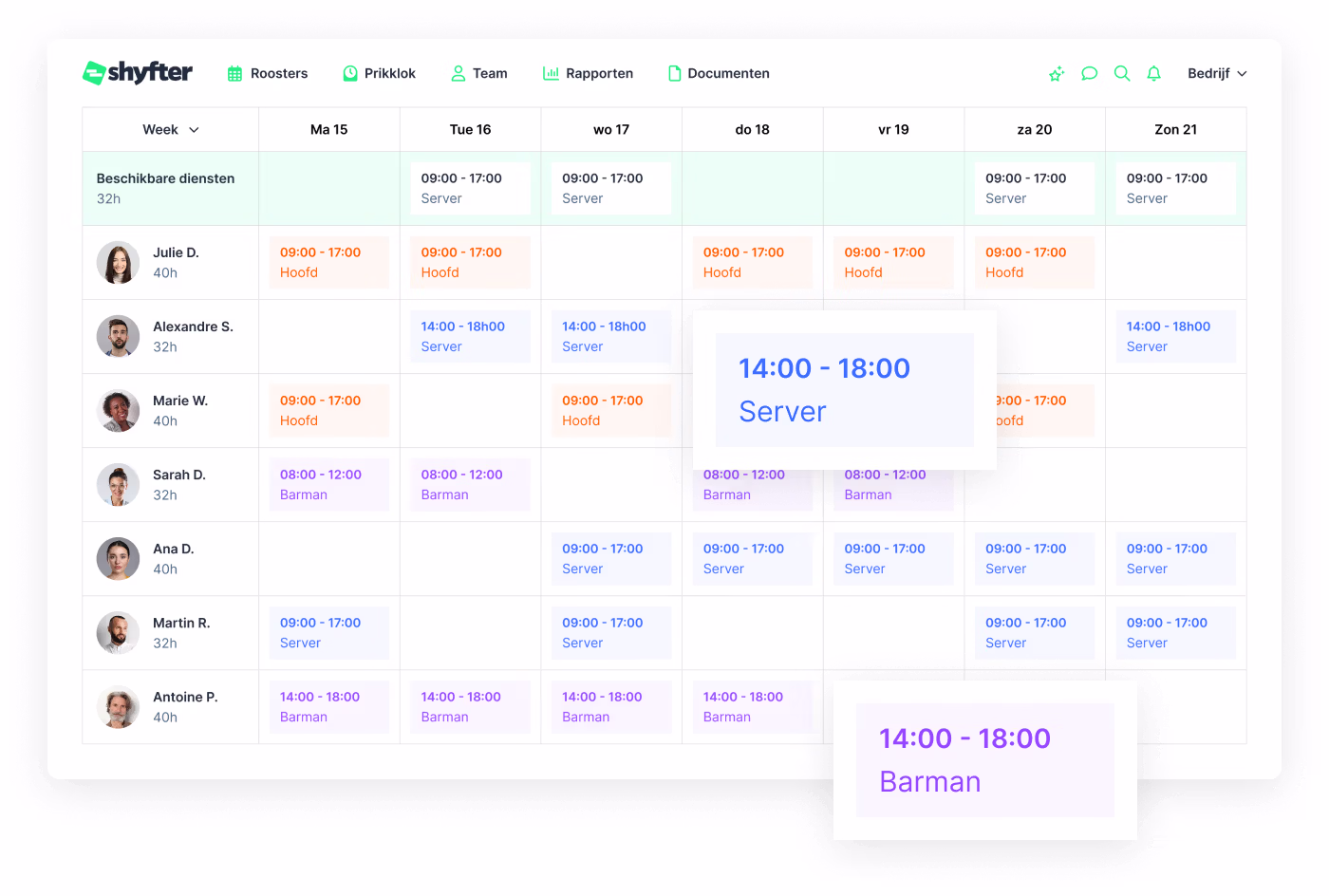 Cateringteamplanning per evenement
