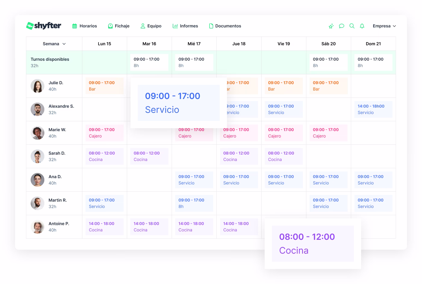 Horario de equipo de restaurante con gestión de turnos