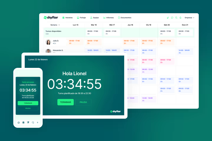 Interfaz web y móvil de Shyfter con el horario semanal y la pantalla de fichaje en tiempo real