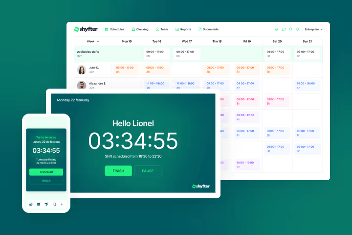 Shyfter web and mobile interface showing the weekly schedule and real-time time-tracking screen