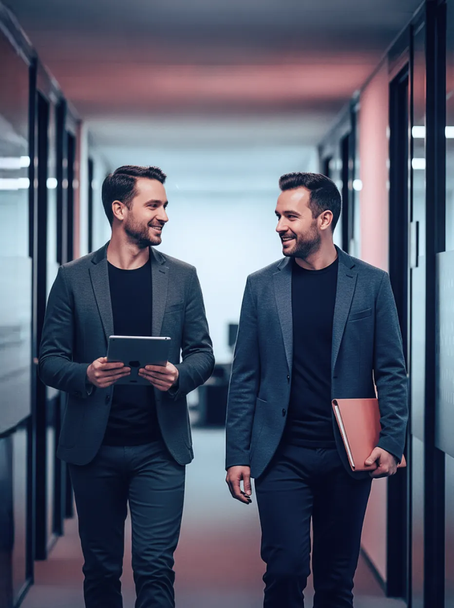 Two men in business casual attire walking and smiling at each other in a modern office hallway, one holding a tablet and the other holding a folder.
