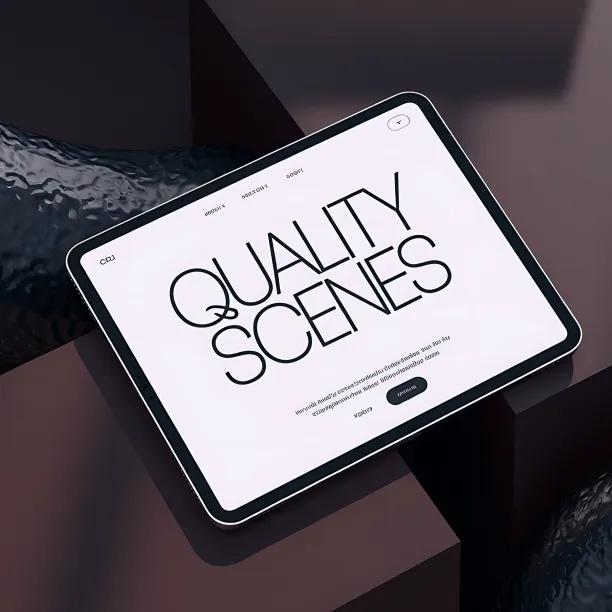 Tablet displaying text 'QUALITY SCENES' on a minimalist website interface on a dark geometric surface.