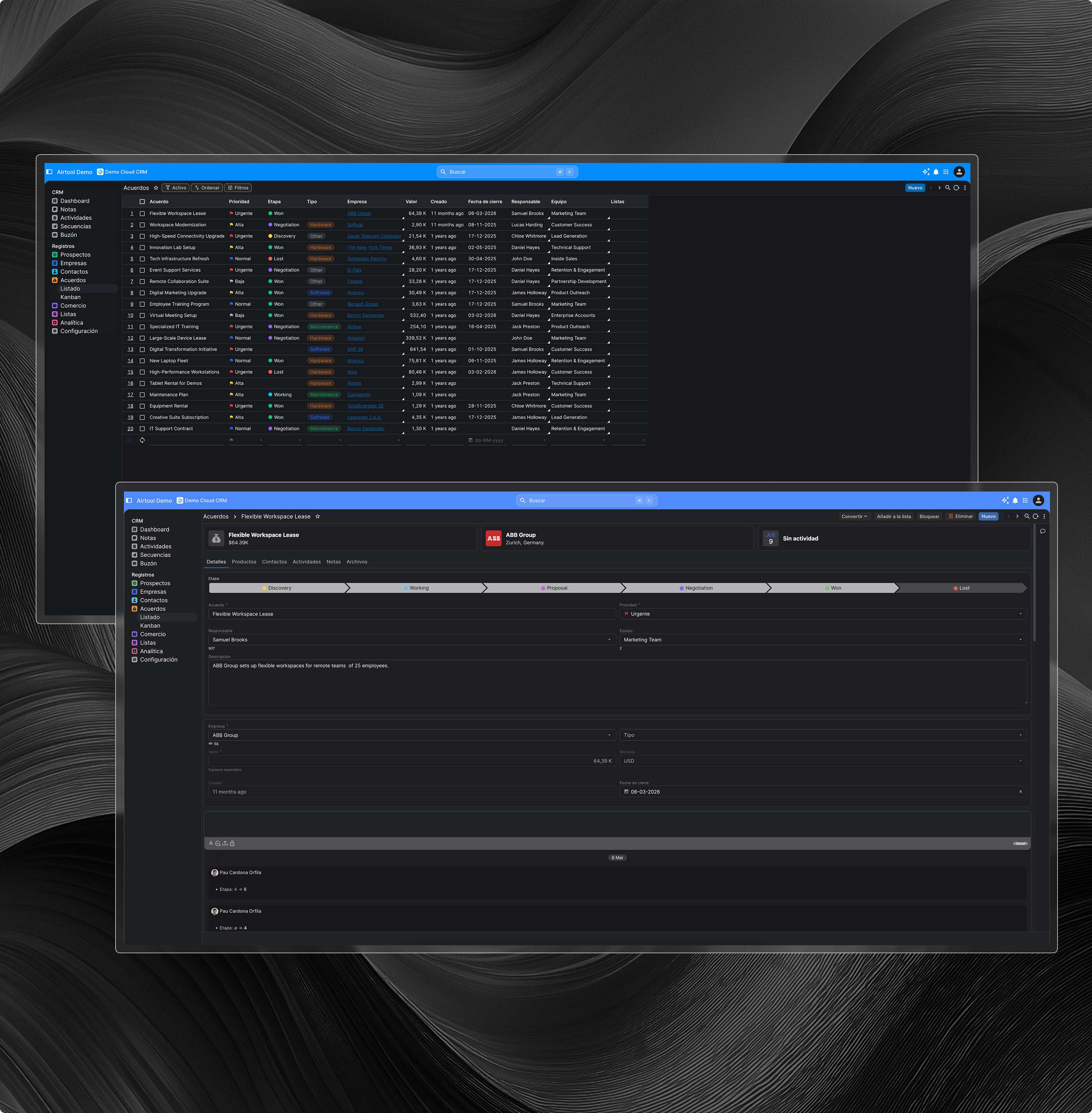 Panel de ejecución de ventas de la plataforma CRM que muestra flujos de trabajo de ventas estructurados y seguimiento del rendimiento