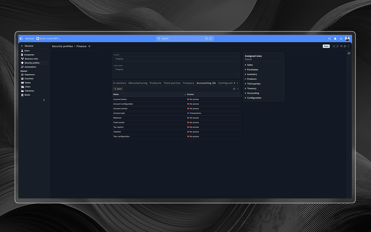 Enterprise ERP analytics dashboard showing revenue, operations, and performance metrics