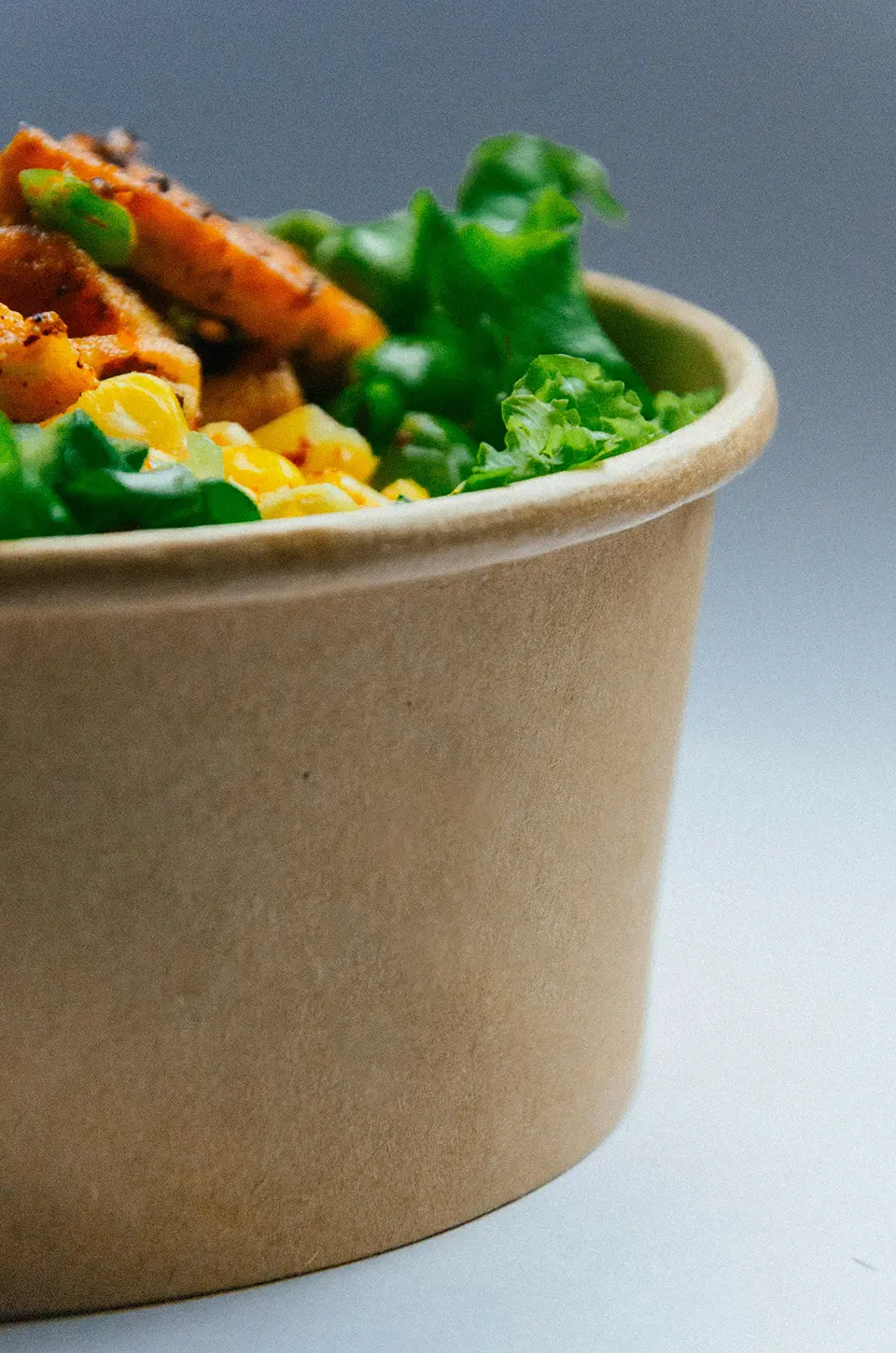 Salad bowl: Close-up of a compostable bowl filled with salad illustrating food waste and sustainable packaging.