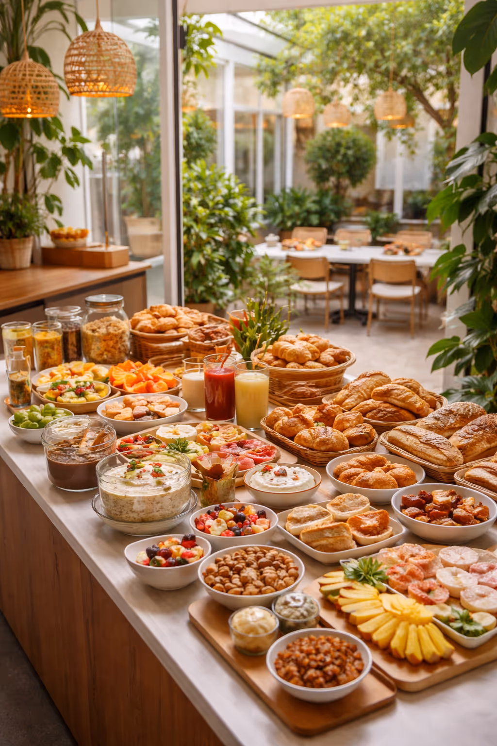 KI-Bild von einem Frühstücksbuffet im Patio