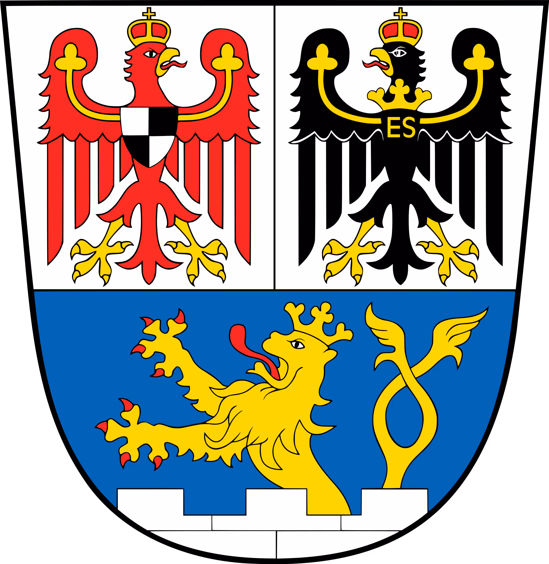 Das Wappen von Erlangen mit einem Schwarzen und einem roten Adker und einem Löwen