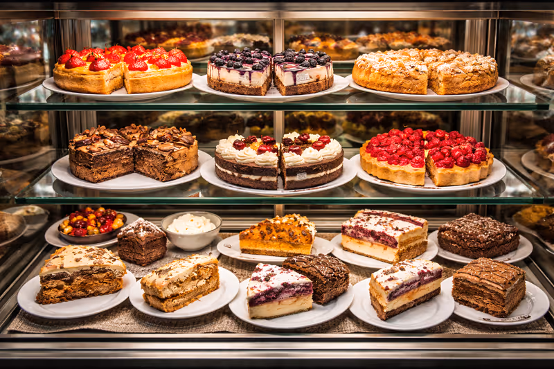 eine mit leckeren Kuchen und Gebäck vollgestopfte Vitrine - KI-Bild