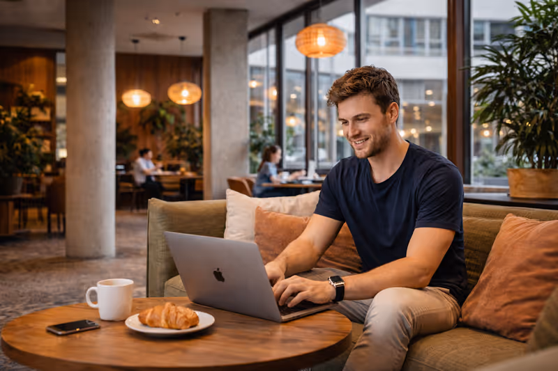 Junger Buseiness Mann an. seinem Laptop im Patio - KI-Bild für Working-Area