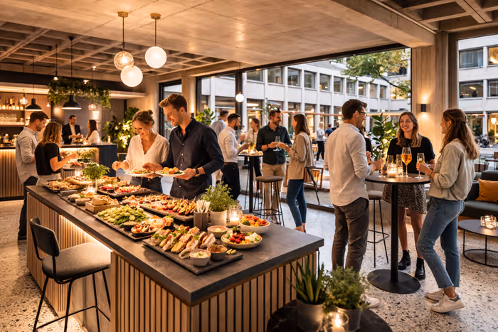 angerichtetes Buffet im Patio in warmer Etmosphäre mit vielen Gästen - KI-Bild