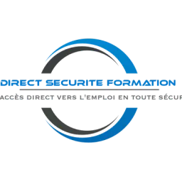 Logo de Direct Sécurité Formation avec un cercle stylisé bleu et gris autour du texte, incluant le slogan « Nous protégeons l’emploi en toute sécurité ».