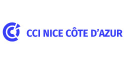 Logo bleu de la Chambre de Commerce et d'Industrie Nice Côte d'Azur avec une flèche pointant vers le centre d'une cible.