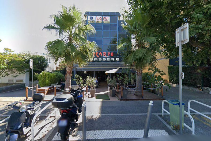 Façade d'une brasserie avec deux palmiers devant et des motos garées sur le côté.