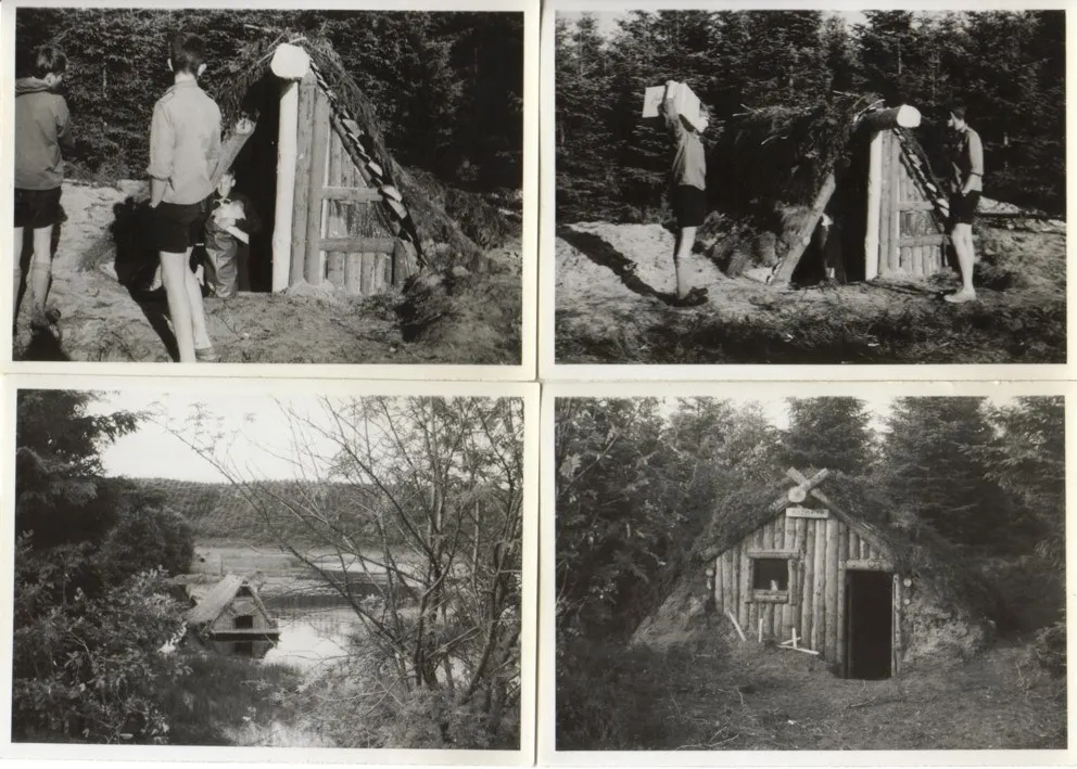 A black and white film collage of historic scout cabins