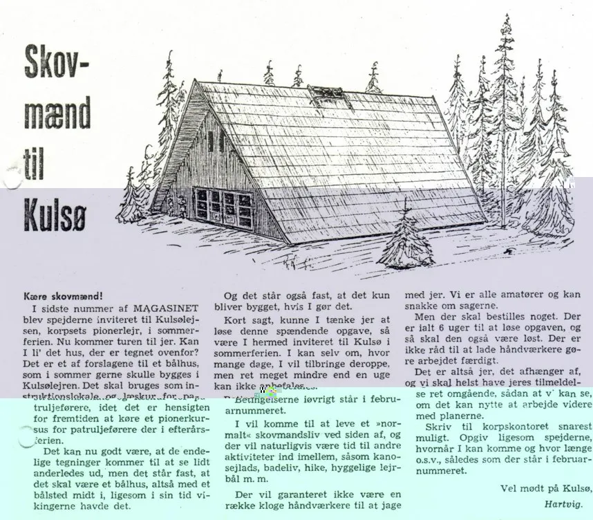 An excerpt of an old Danish magazine that highlights a woodland cabin