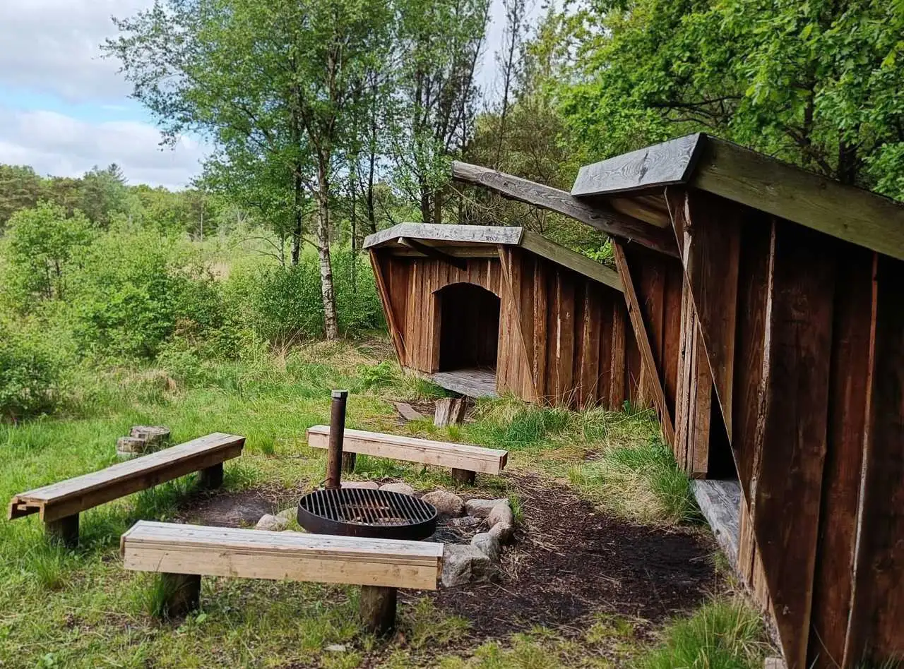 A shelter with a bonfire