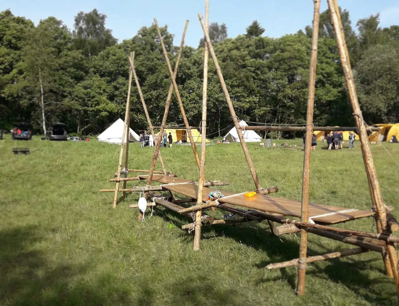 A survival setup on a grassy field