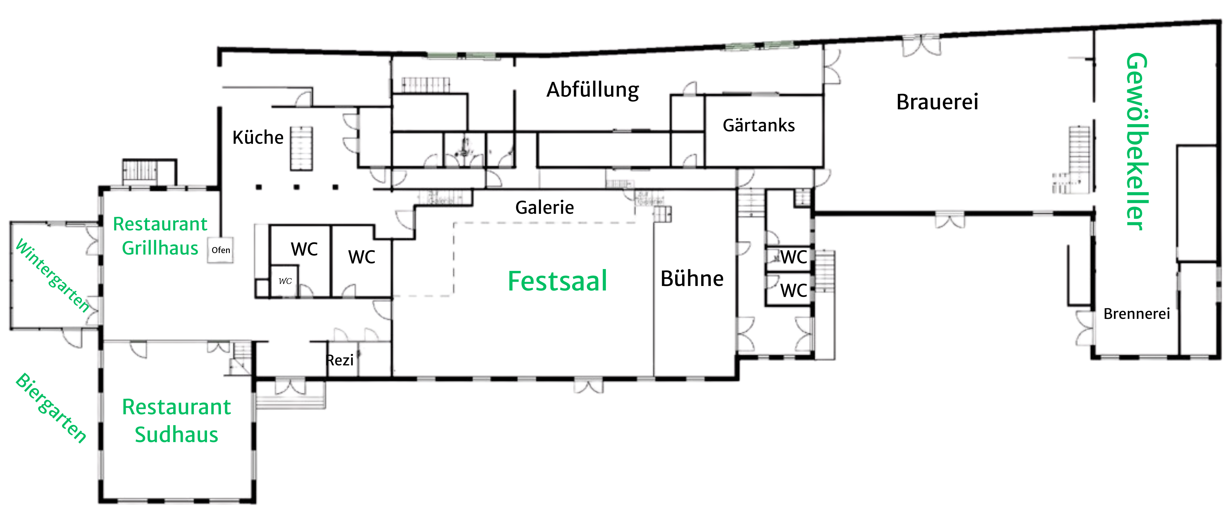 Detaillierter Lageplan des Vielanker Brauhauses: Übersicht über Gastronomie, Brauerei, Destille und die verschiedenen Veranstaltungsräume.