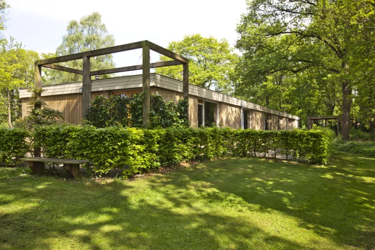 Modern houten gebouw omringd door groene bomen en struiken met een houten bank in een grasveld.