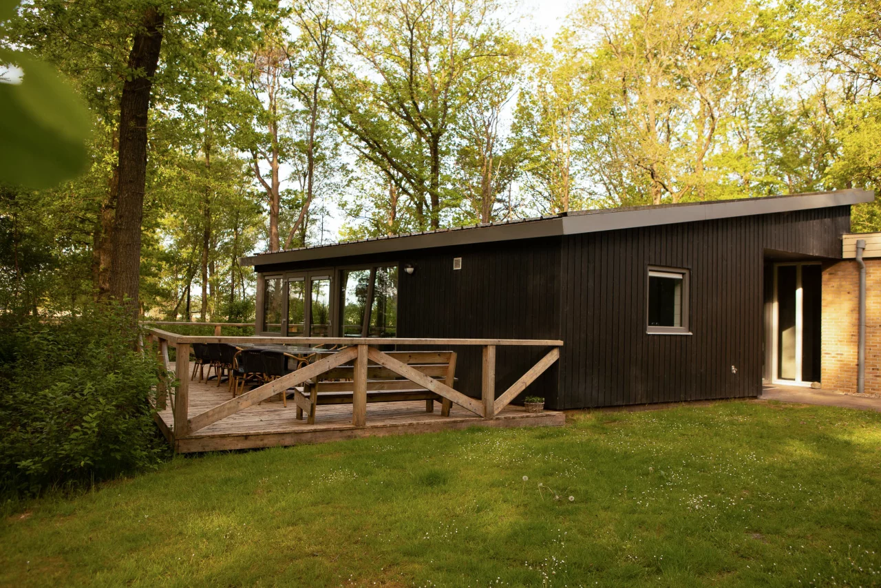 Houten vakantiehuis met veranda en terras ingericht met stoelen, gelegen in een groene bosrijke omgeving.
