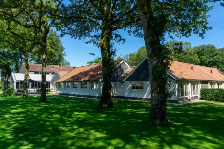 Witte huizen met rode daken omgeven door groene bomen en gras onder een blauwe lucht.