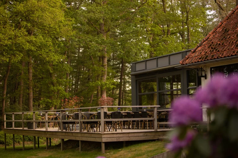 Houten terras met meerdere zwarte stoelen en tafels voor een modern glasgebouw, omringd door een groen bos.