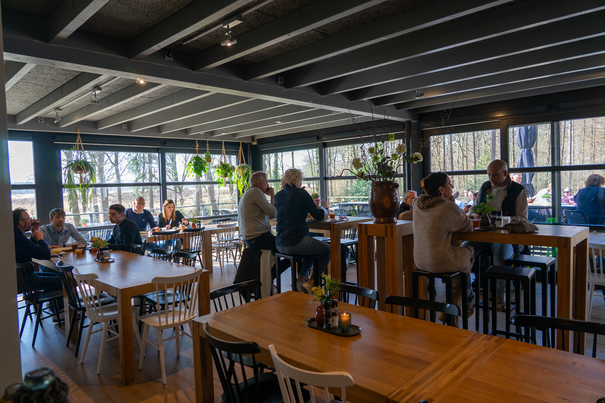Gezellige caféomgeving met mensen die aan houten tafels en hoge barkrukken praten en genieten van drankjes, met grote ramen en hangplanten.