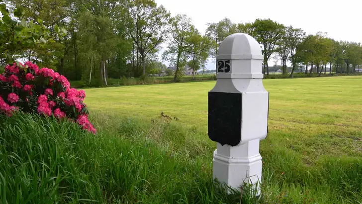 Witte kilometerpaal met het nummer 25 in een groen veld, met roze bloemen en bomen op de achtergrond.