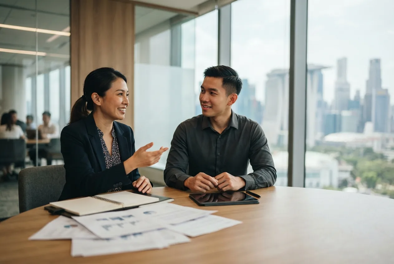 Two professionals reviewing an Employment Pass COMPASS assessment at a Singapore office