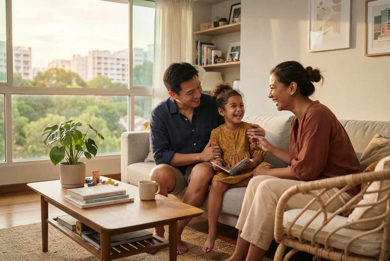 Family relaxing at home in Singapore, illustrating the Employment Pass to PR pathway