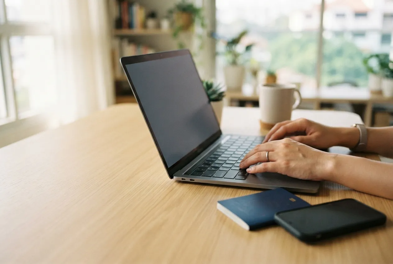 Hands typing on a laptop beside a passport and phone at a home desk, representing renewing a Singapore re-entry permit online through MyICA.