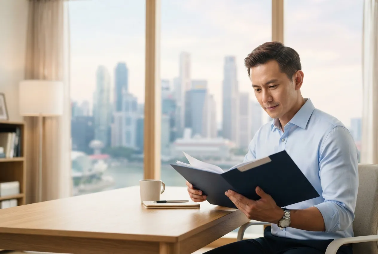 Professional in a Singapore office reviewing documents against the CBD skyline, illustrating Singapore citizenship reconsideration in 2026