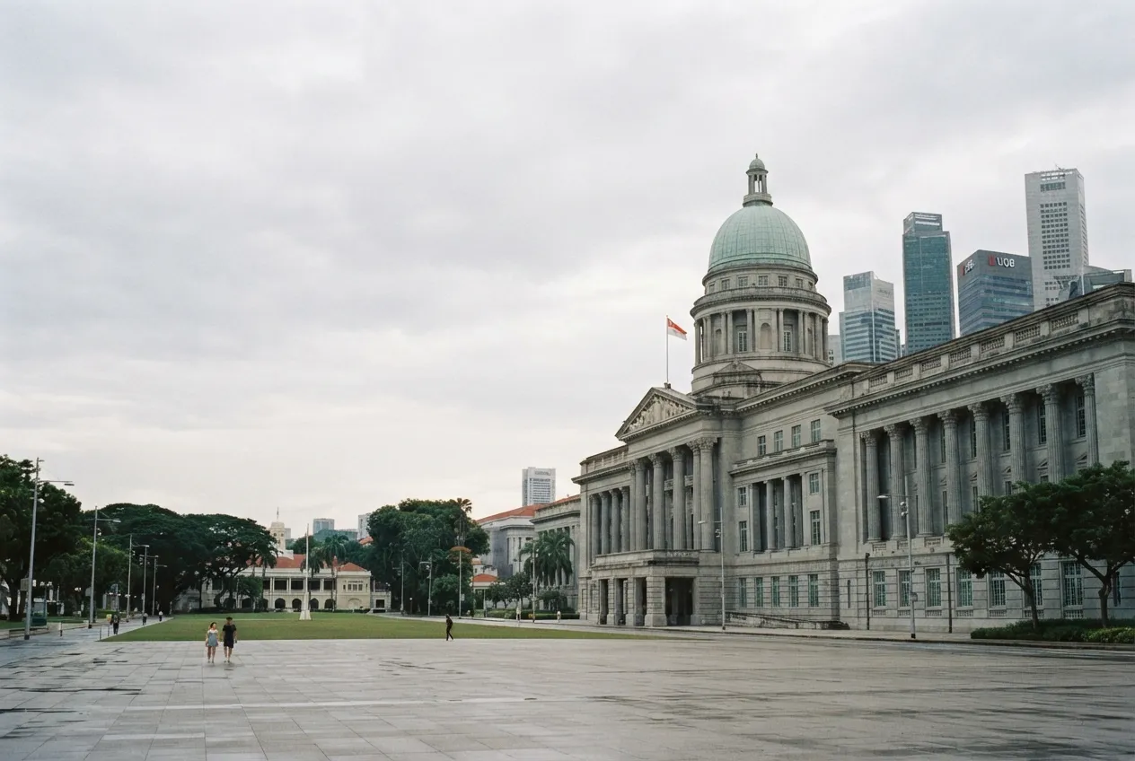 Singapore's civic district with the historic domed government building and CBD towers, reflecting the 2026 population and citizenship policy update