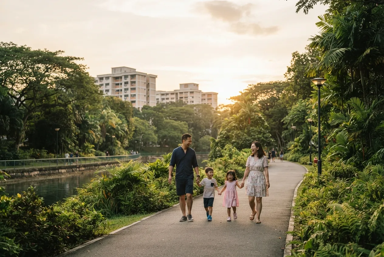 Family walking a Singapore park connector on the Dependant's Pass to PR pathway
