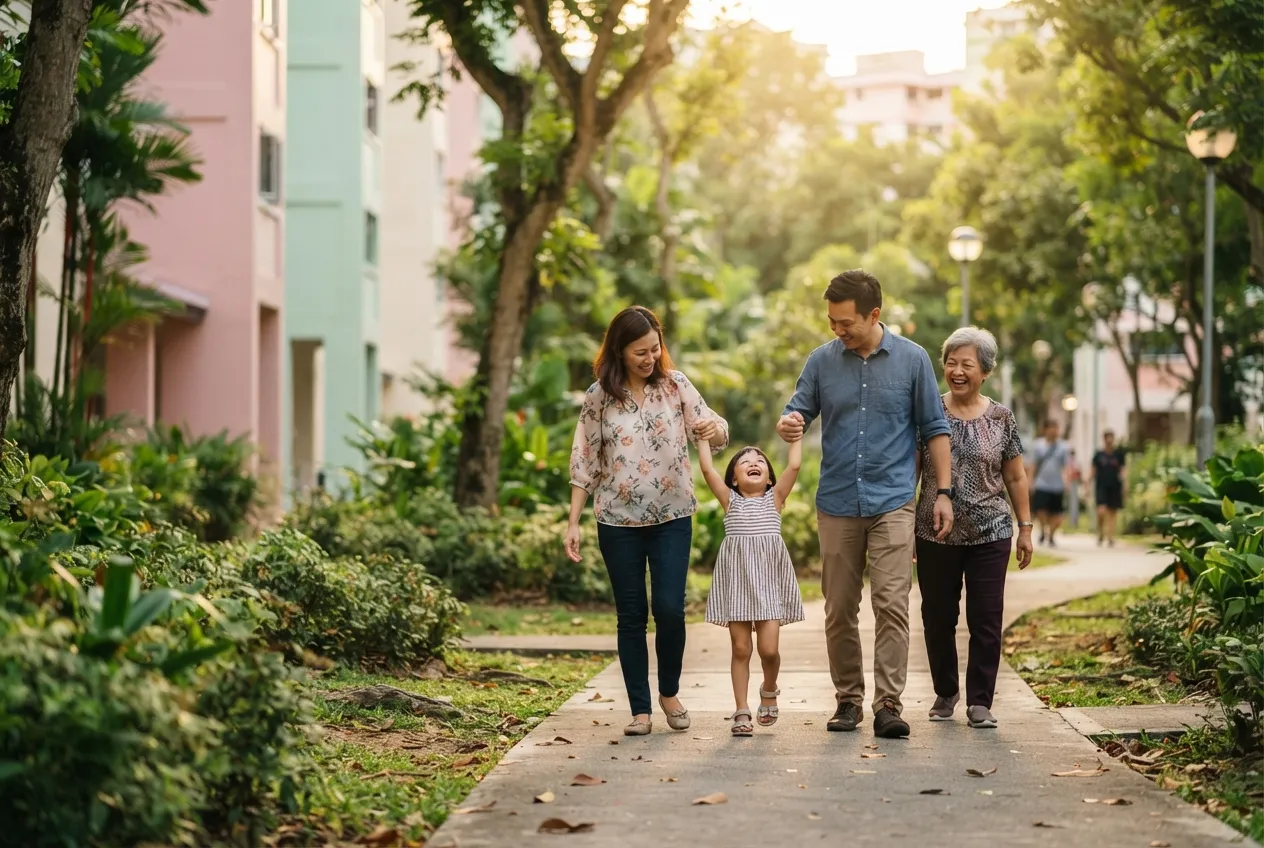 Family walking through a Singapore HDB neighbourhood โ settling children as Singapore PRs