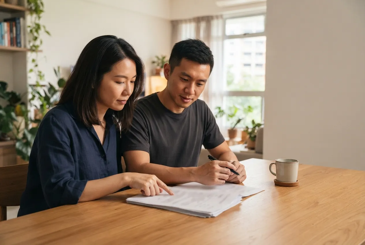 Couple reviewing family PR documents at home before a Singapore PR application