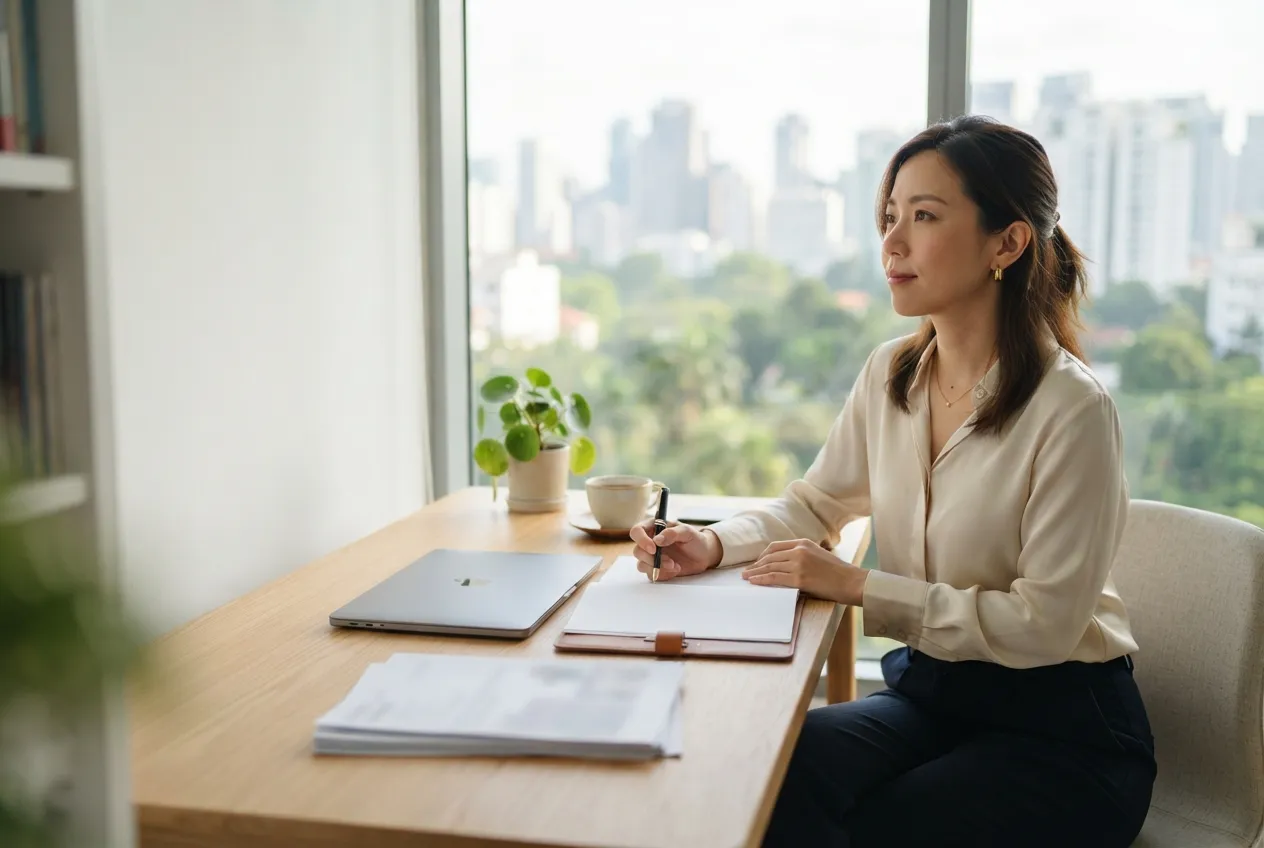 Professional woman at a bright home desk with pen and blank paper, reflecting before writing her cover letter for a Singapore PR application