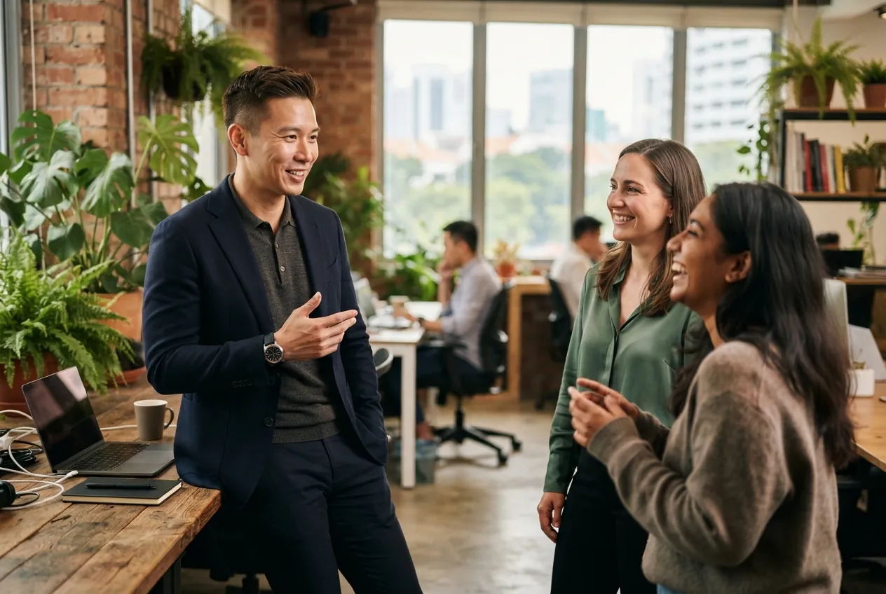 ONE Pass holder working with colleagues across multiple companies in a Singapore office