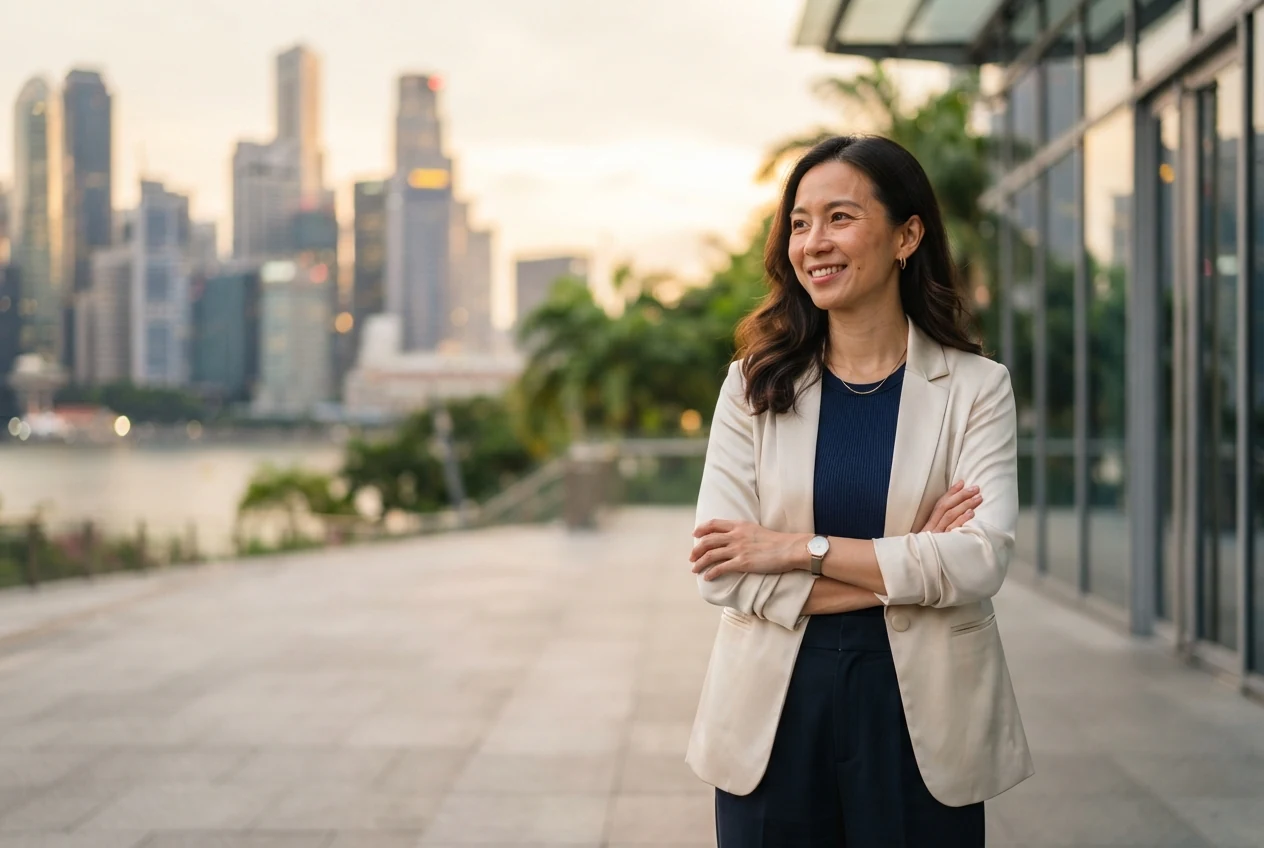 Confident Asian woman entrepreneur outside a Singapore CBD office, illustrating the EntrePass route for foreign founders