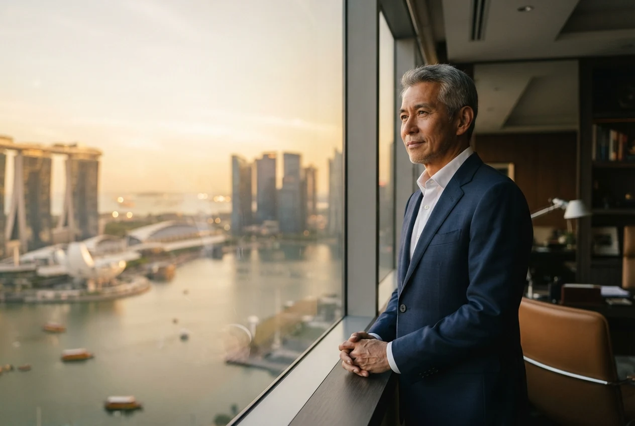 Asian founder looking over the Marina Bay skyline, weighing the EntrePass to Singapore PR pathway