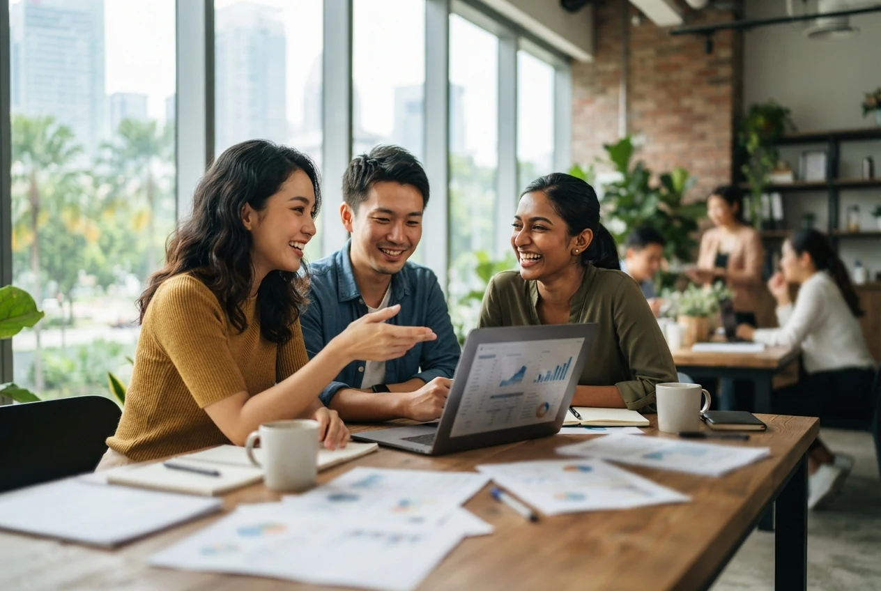Diverse Asian startup founders collaborating in a Singapore co-working space while preparing an EntrePass application