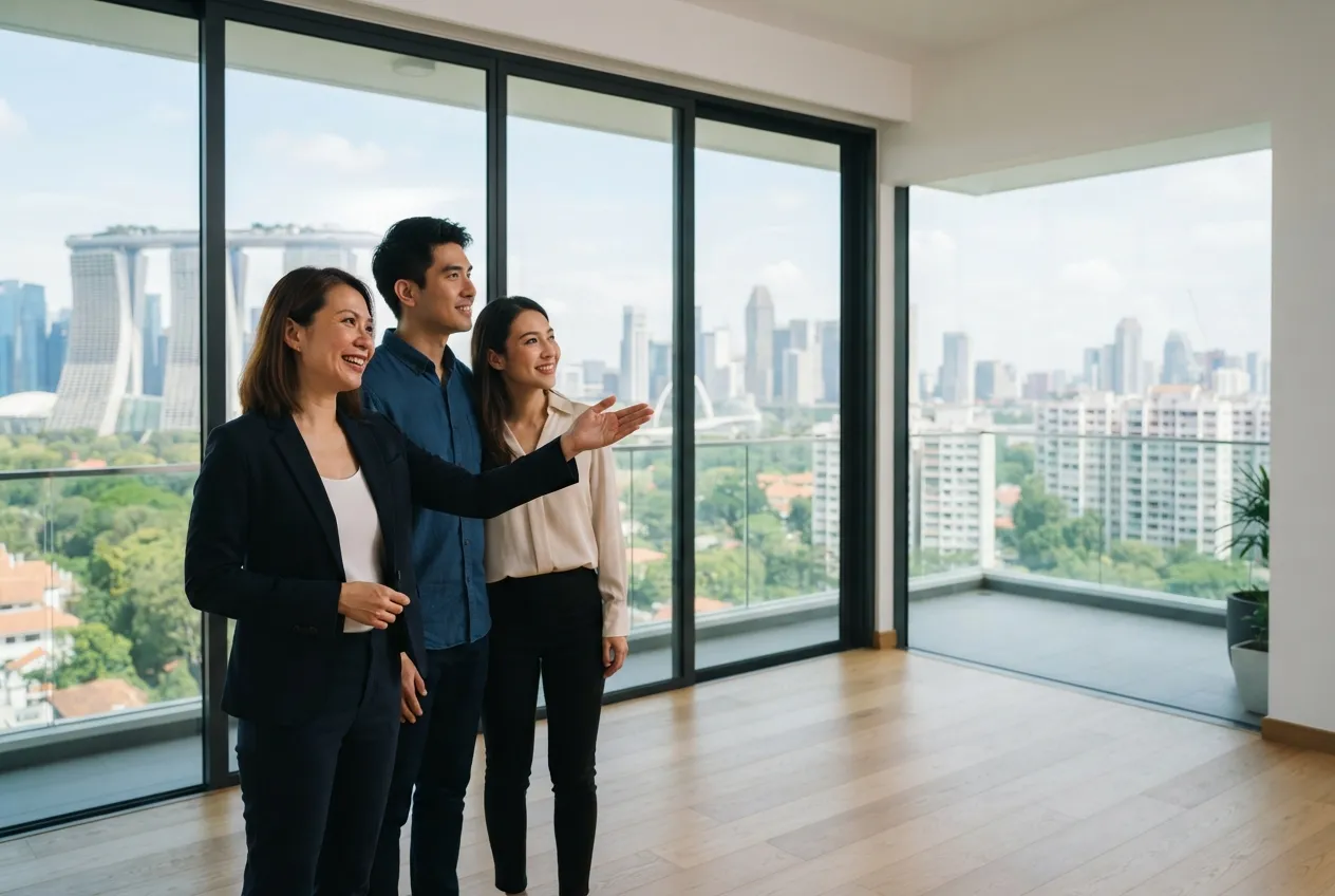 Property advisor showing a PR couple around an empty Singapore condominium apartment