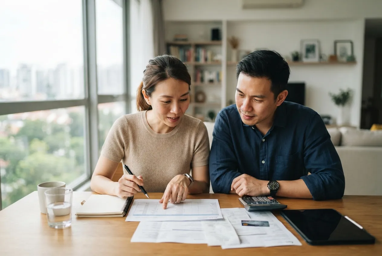Couple totting up ABSD and stamp duty costs with a calculator at their condominium table