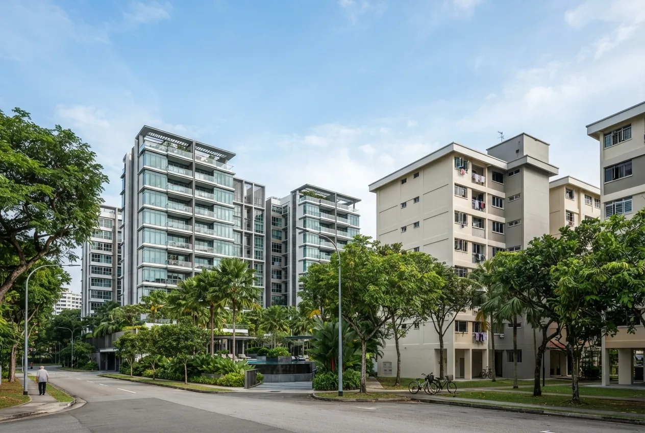 Singapore private condominium beside HDB blocks, the property types a PR or foreigner can buy