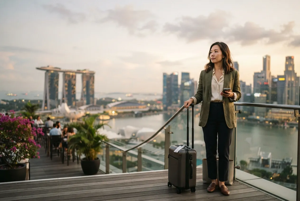Professional woman with a suitcase overlooking the Marina Bay skyline, weighing Singapore vs Hong Kong PR